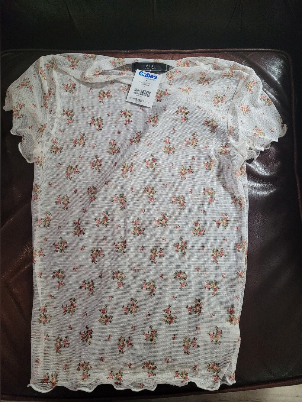 Vibe Sportswear Junior White short-sleeve sheer mesh top Sz L